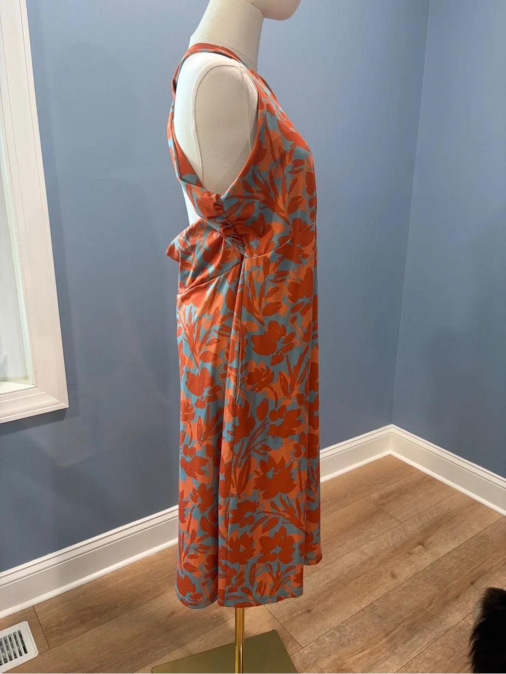 prAna XL Floral Open Back Midi Dress Orange Blue Sleeveless Racerback Dress